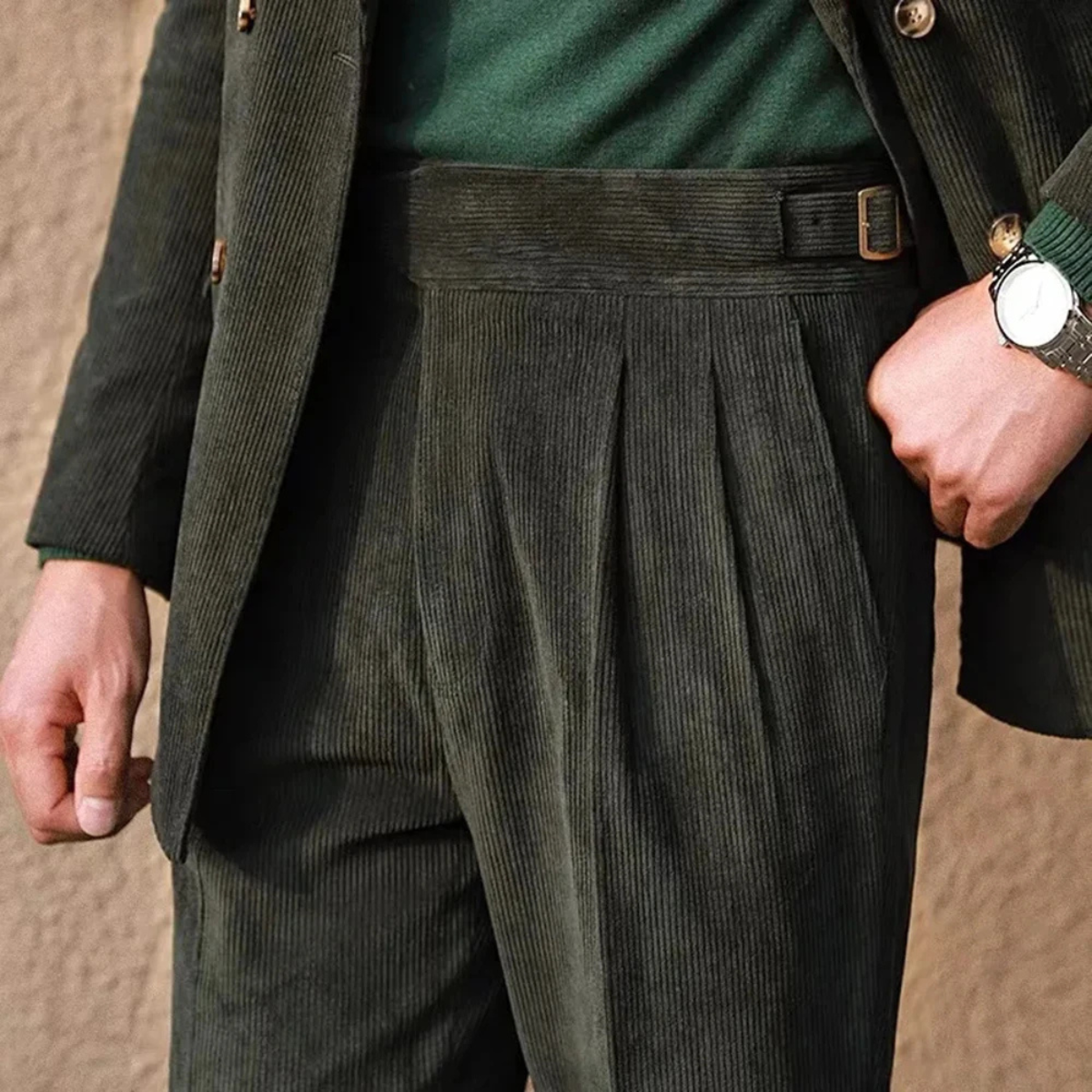 The Oakwood Men’s High Waisted Plated Corduroy Pants with Side Adjusters