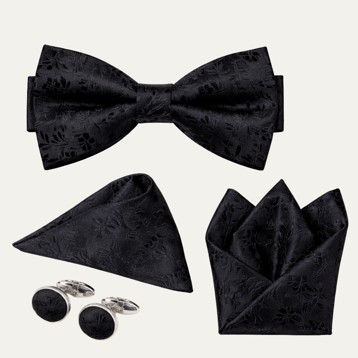 The Ashbury Men’s Bow Tie with Pocket Square & Cufflinks Set – Black Silk