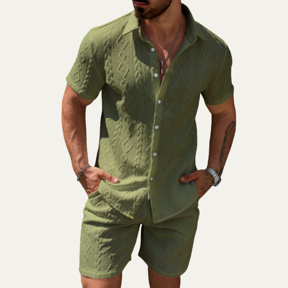 The Meadowridge Men’s Textured Summer Co Ord Set Shirt & Shorts