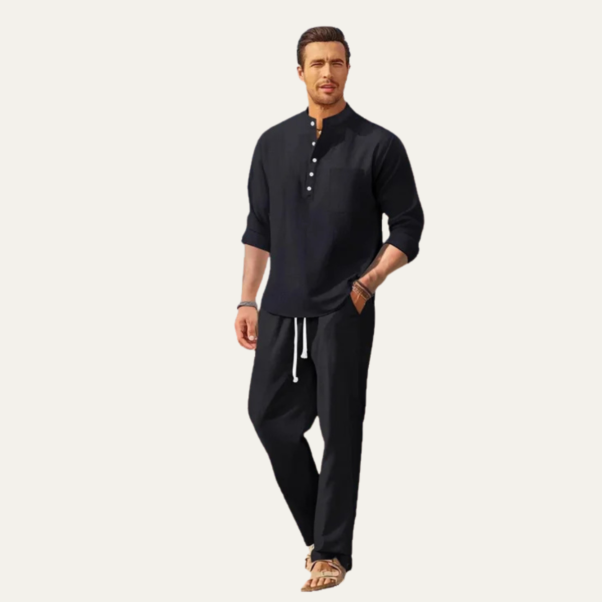 The Versailles Men’s Casual Long Sleeve Shirt & Relaxed Pants – Lightweight Beach Outfit
