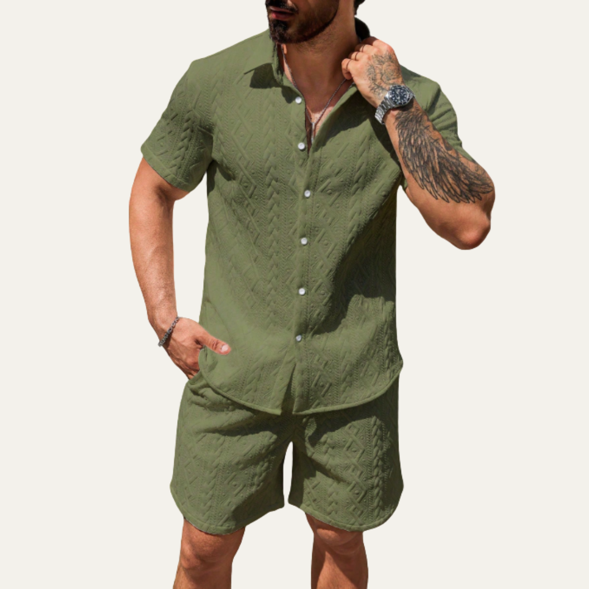 The Meadowridge Men’s Textured Summer Co Ord Set Shirt & Shorts