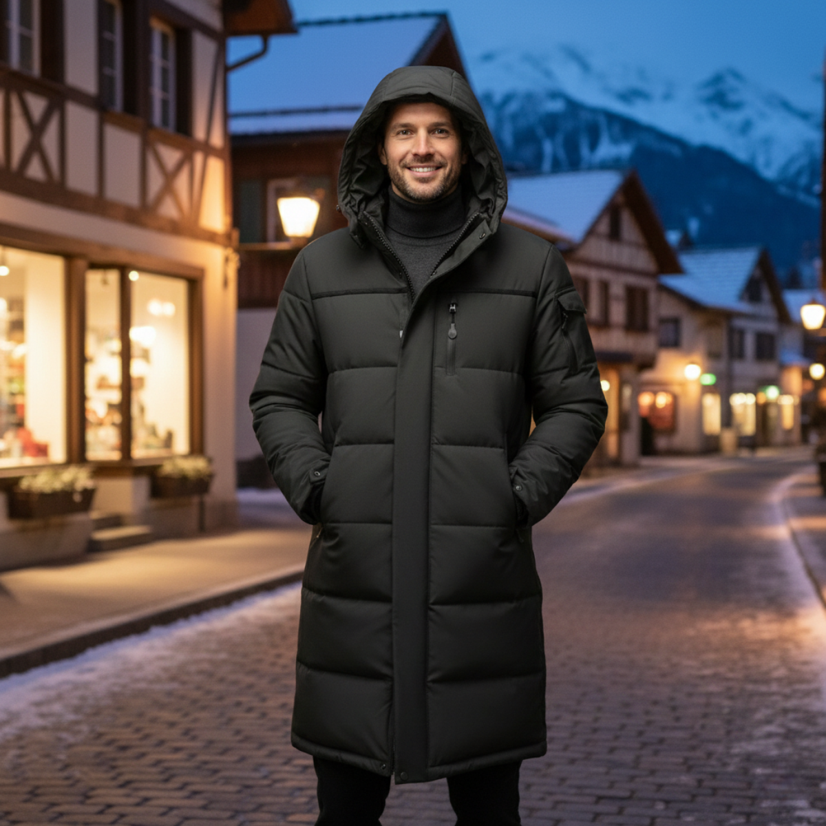 The Woking Men’s Thermal Longline Black Puffer Coat with Hood