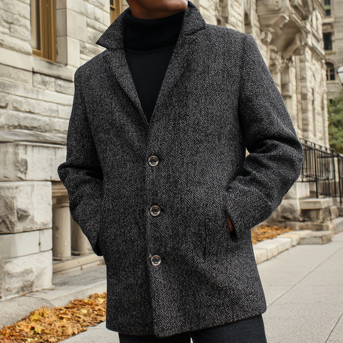 The Mayfair Men’s Luxury Herringbone Wool Overcoat – Gray