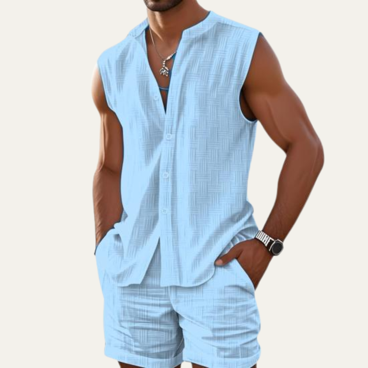 The Ironbridge Men’s Summer Sleeveless Button Up Shirt & Shorts Set