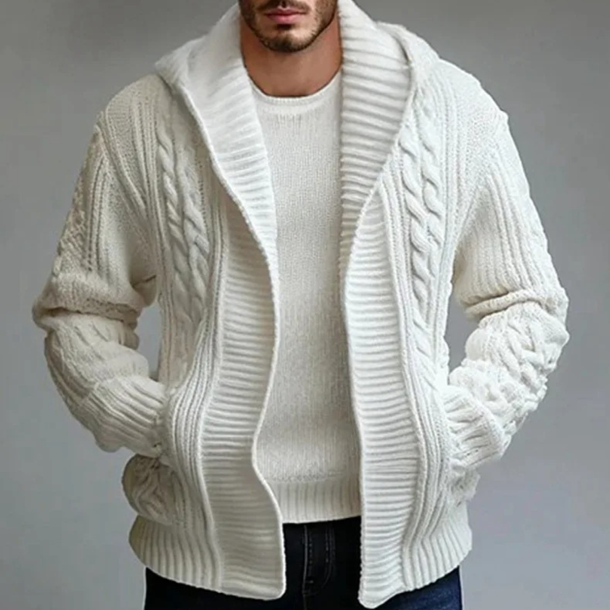 The Trieste Men's White Hooded Cable Knit Winter Sweater