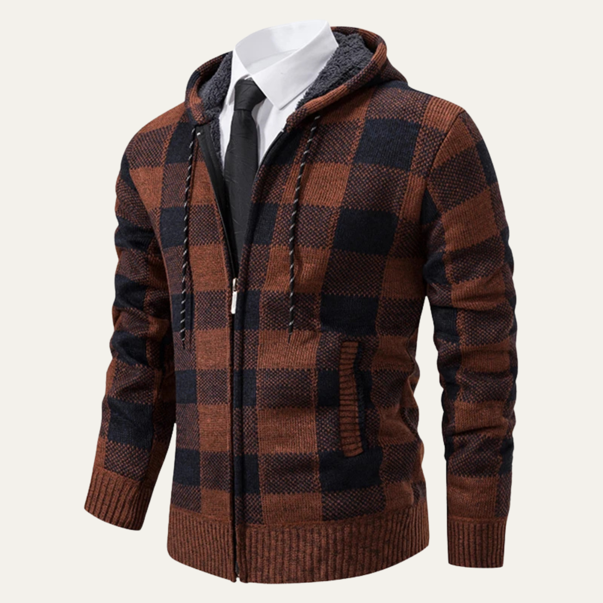 The Torgiano Men’s Zip Up Hooded Plaid Knit Jacket