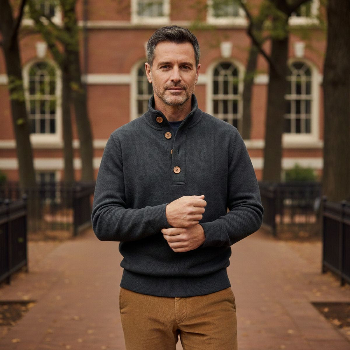 The Waldorf Men’s Gray Luxury Button Neck Knit Sweater