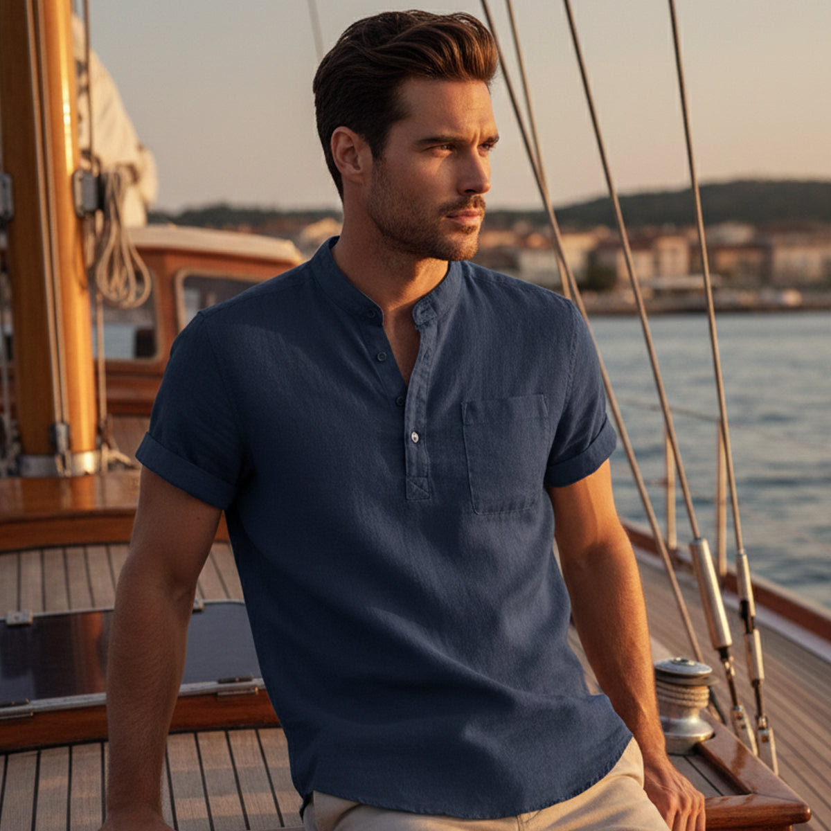 The Roma Men’s Casual Henley Linen Shirt