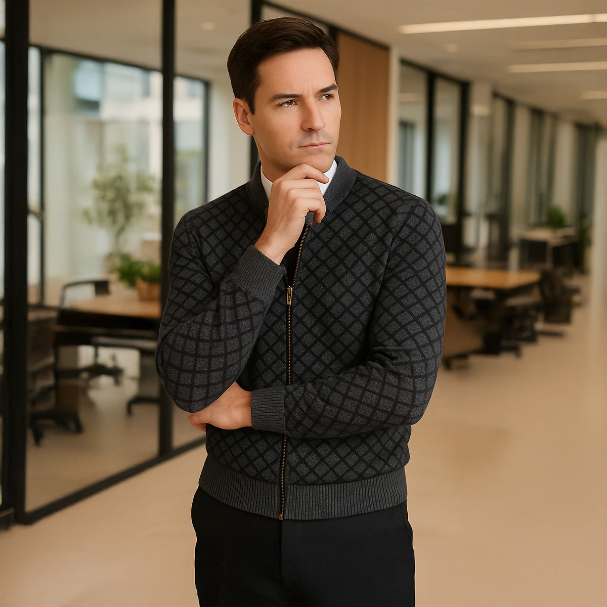 The Bibbona Men’s Knitted Diamond Pattern Zip Up Cardigan