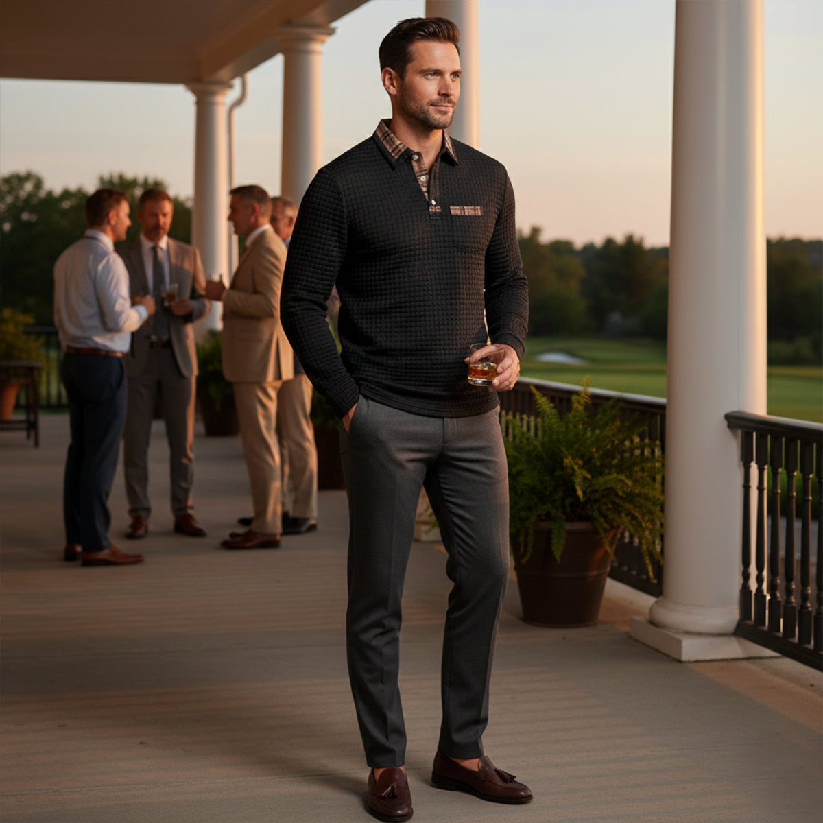 The Saturnia Men’s Waffle Knit Polo Sweater with Plaid Collar