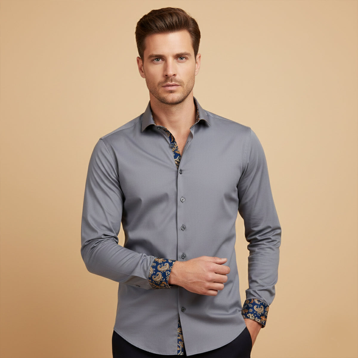 The Mayfair Men’s Tailored Cotton Satin Long Sleeve Dress Shirt - Gray