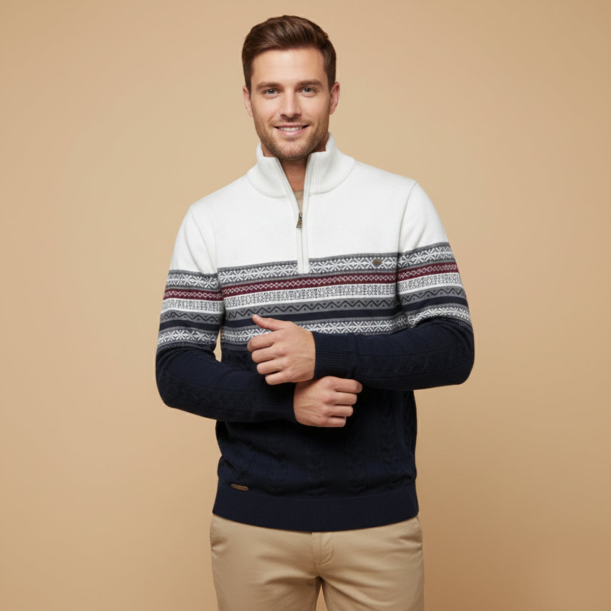 The Chatsworth Men's Quarter Zip Cotton Sweater – Fair Isle Knit