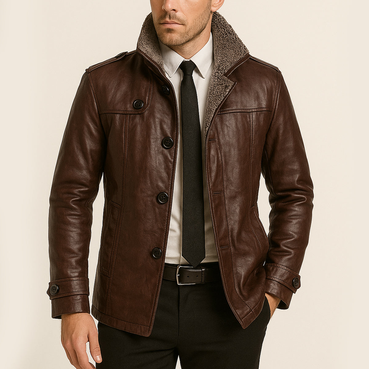 The La Spezia Men’s Leather Jacket – Warm Fleece Lined Winter Coat with Stand Collar