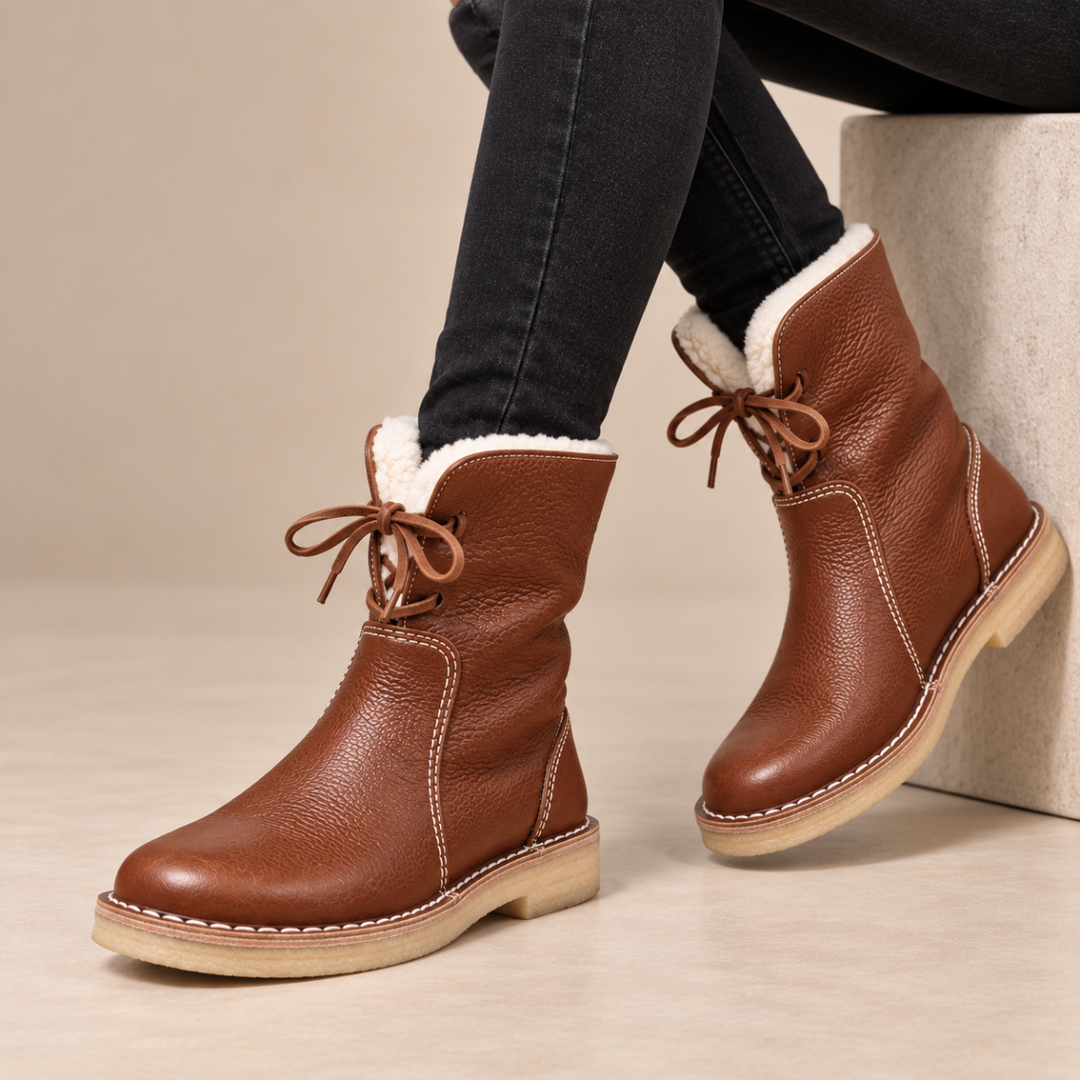 Women's Black Leather Waterproof Winter Boots