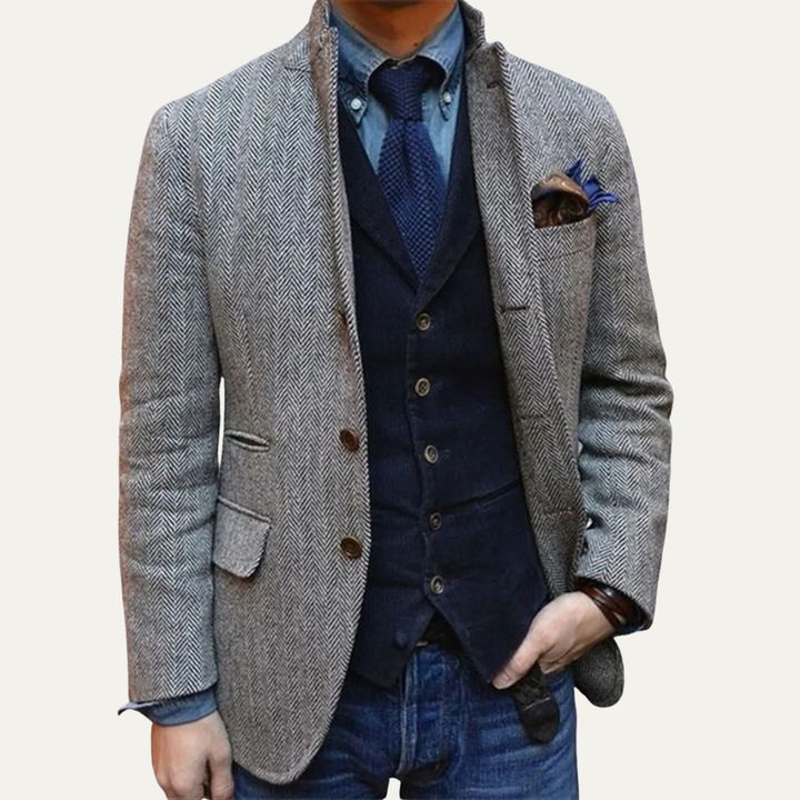 The Munich Men’s Slim Fit Single Breasted Herringbone Tweed Blazer – Gray