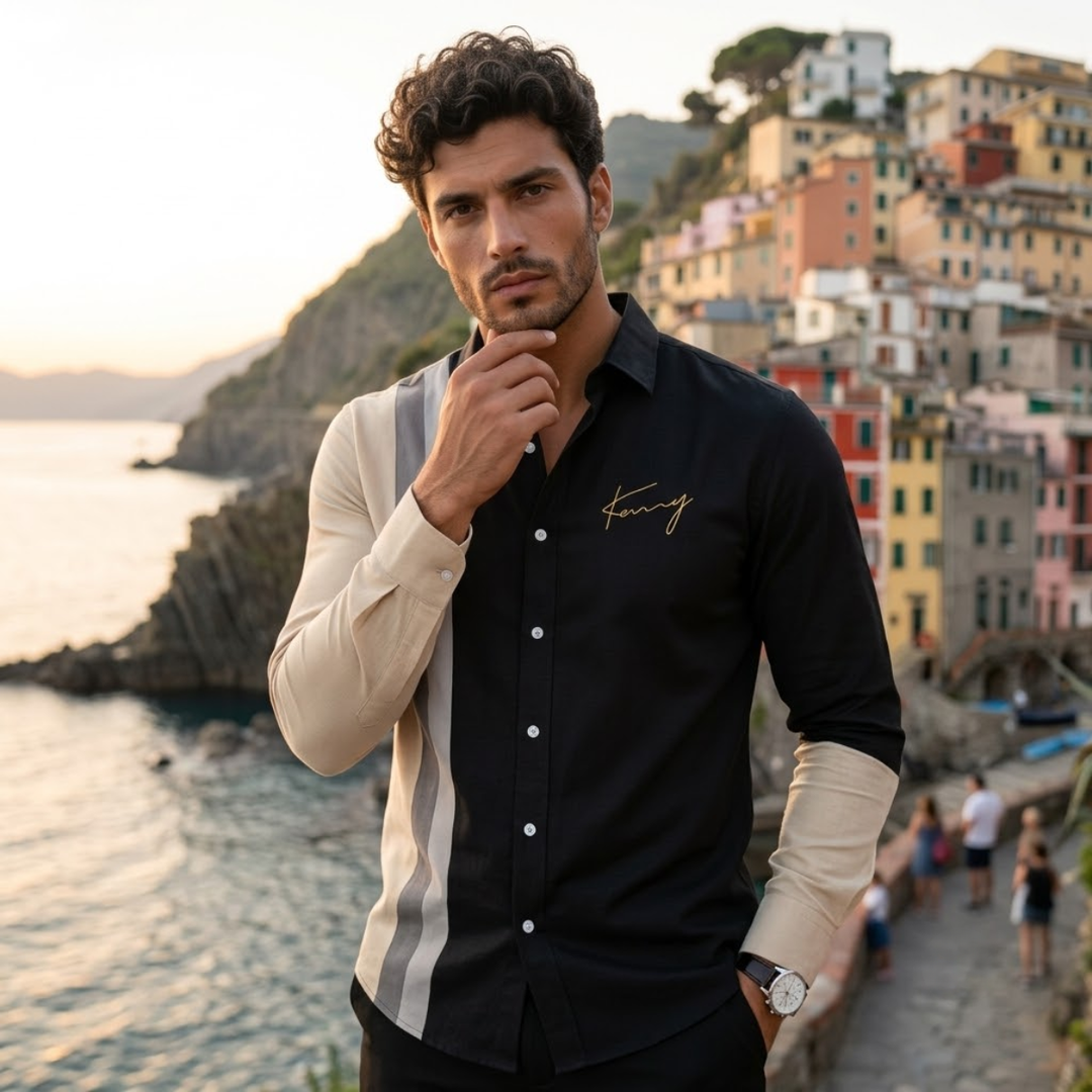 The Manarola Men’s Casual Color Block Striped Dress Shirt