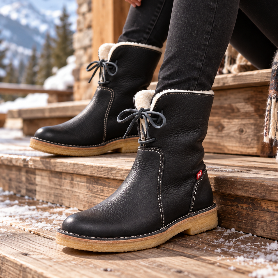 Women's Black Leather Waterproof Winter Boots