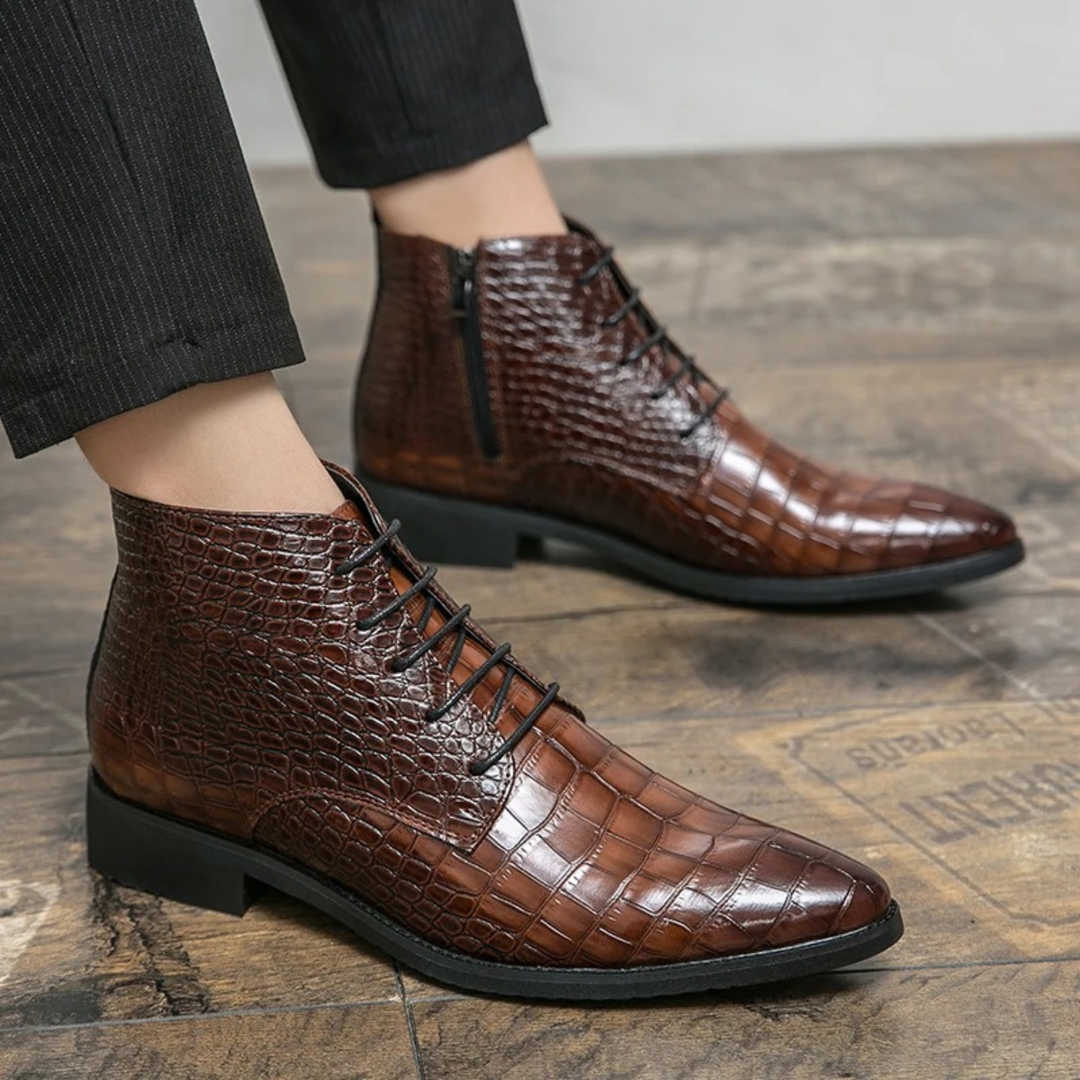 The Orvieto Men’s Crocodile Pattern Faux Leather Ankle Boots - Brown