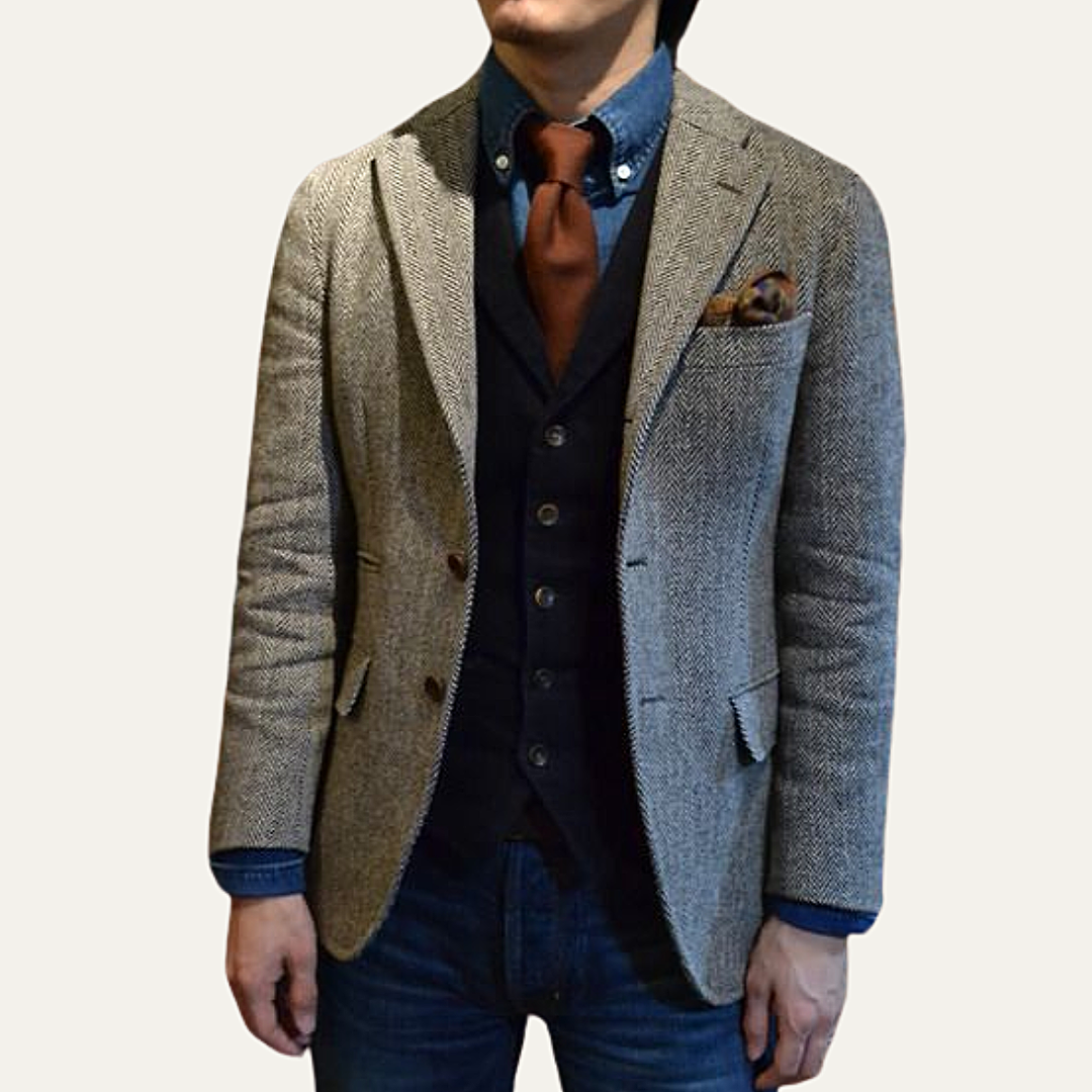 The Munich Men’s Slim Fit Single Breasted Herringbone Tweed Blazer – Gray