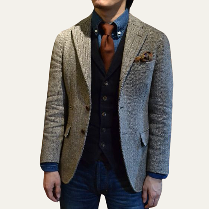 The Munich Men’s Slim Fit Single Breasted Herringbone Tweed Blazer – Gray