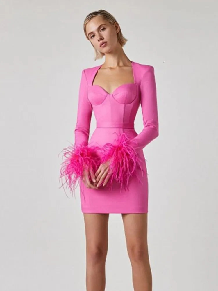 Women's Corset Mini Dress with Feather Cuffs