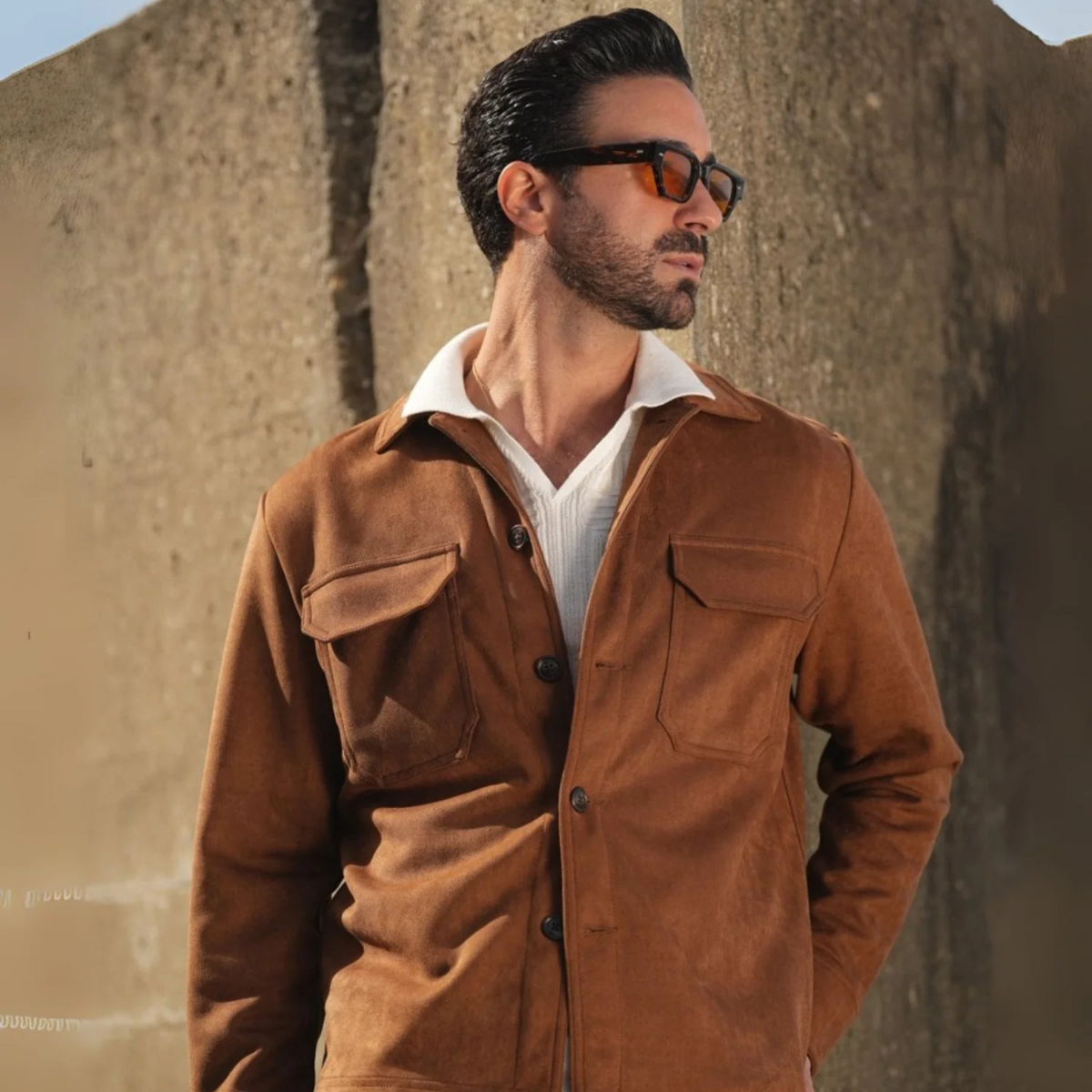 The Hyatt Men's Camel Suede Overshirt - Slim Fit Luxury Jacket with Pockets