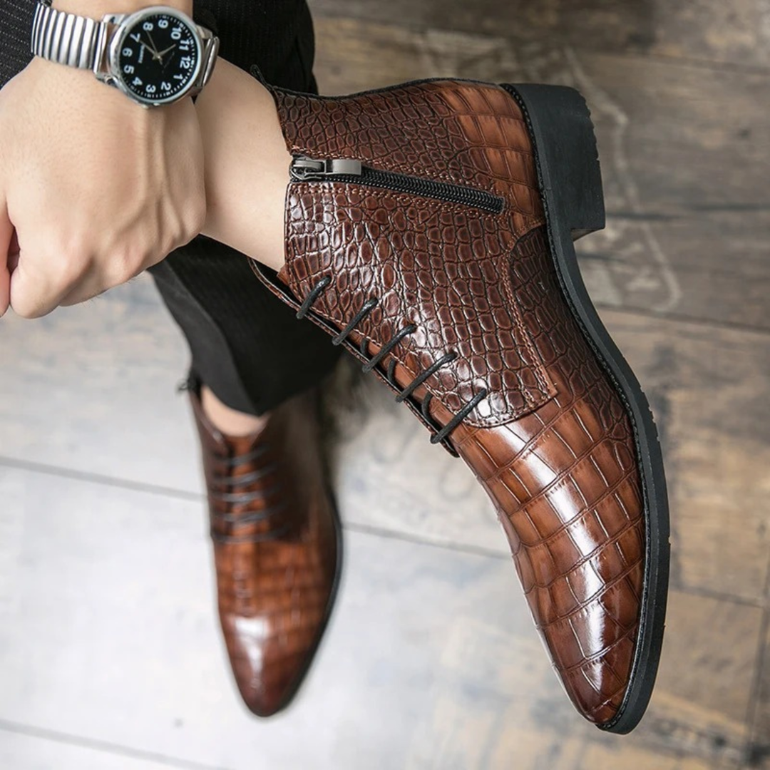 The Orvieto Men’s Crocodile Pattern Faux Leather Ankle Boots - Brown