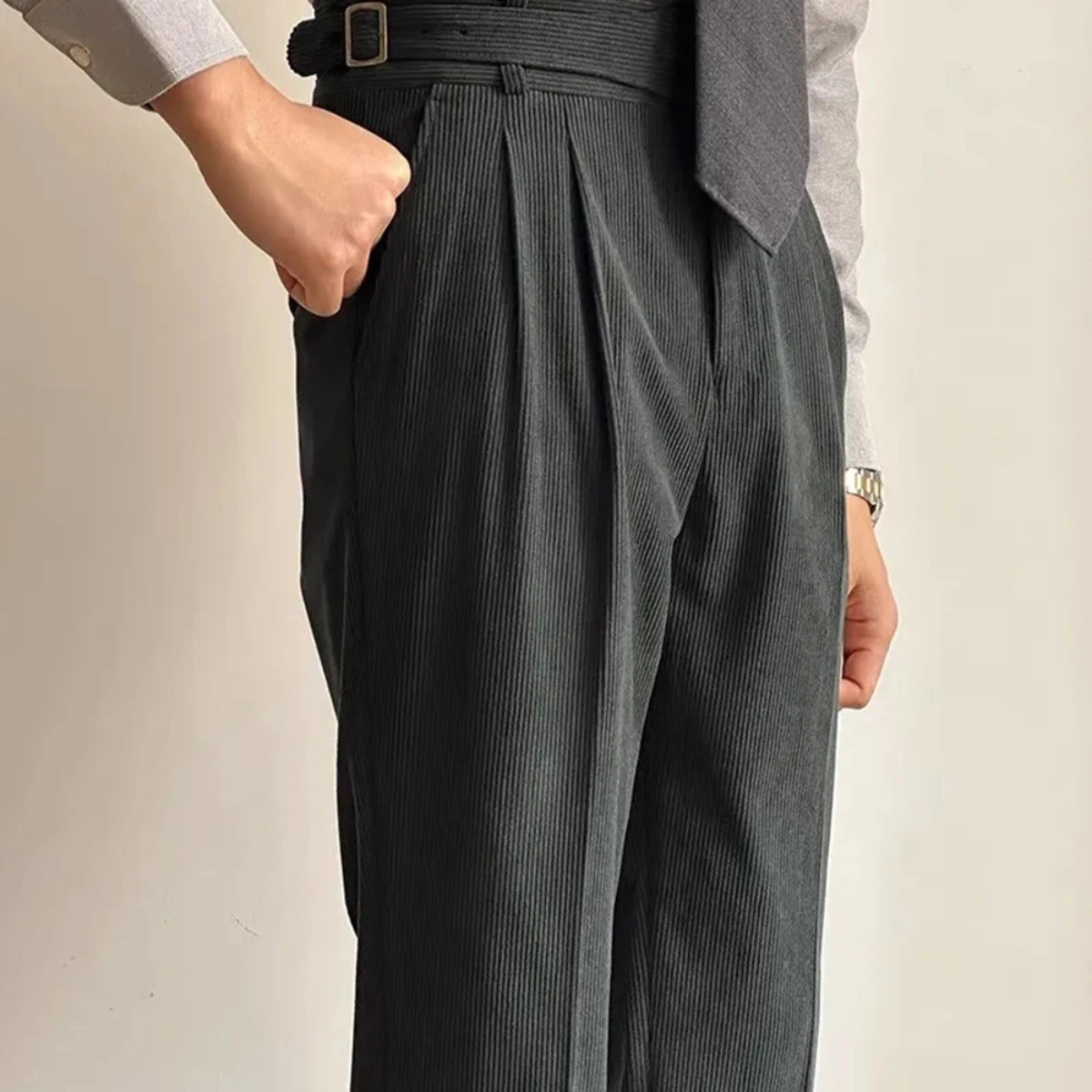 The Oakwood Men’s High Waisted Plated Corduroy Pants with Side Adjusters