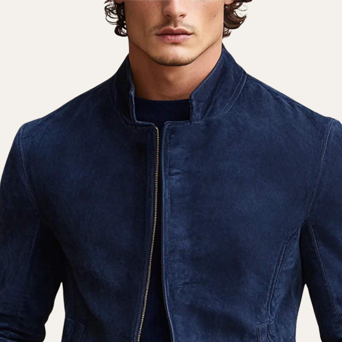 The Ritz Men’s Navy Suede Jacket – Luxury Slim Fit Bomber with Stand Collar