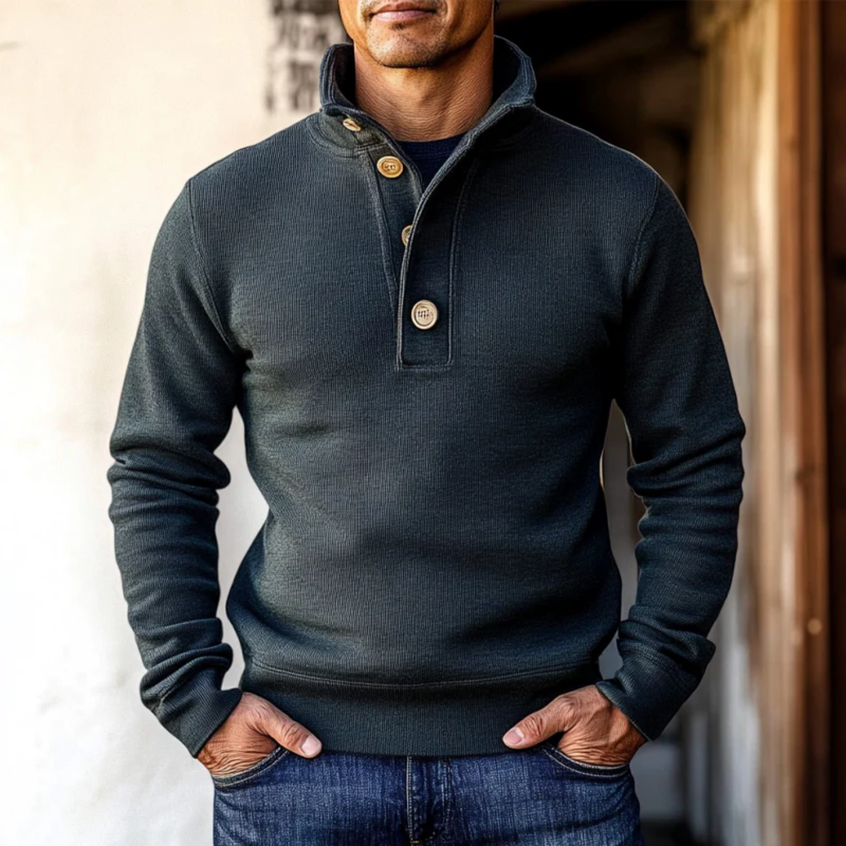 The Waldorf Men’s Grey Luxury Button Neck Knit Sweater