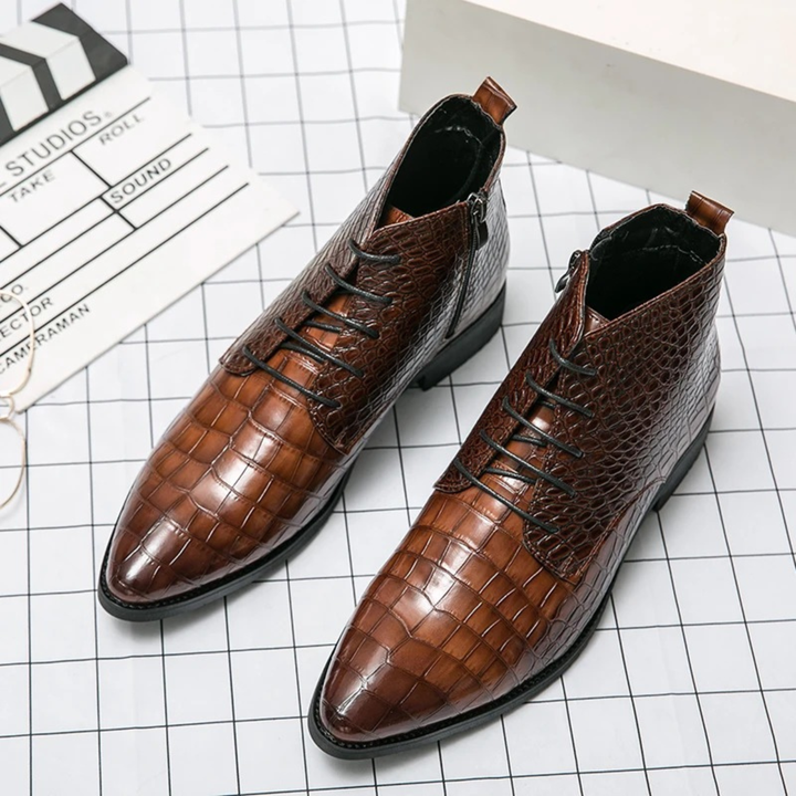 The Orvieto Men’s Crocodile Pattern Faux Leather Ankle Boots - Brown
