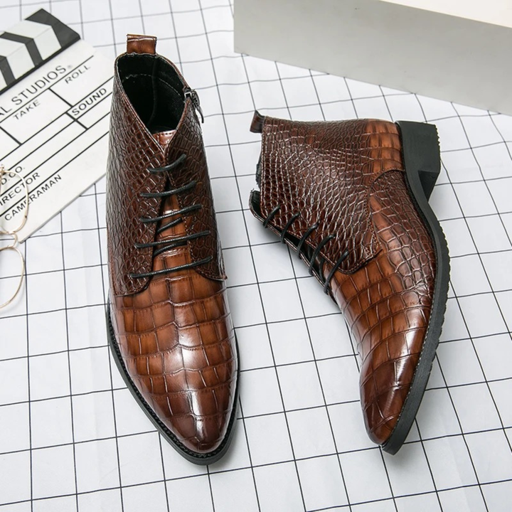 The Orvieto Men’s Crocodile Pattern Faux Leather Ankle Boots - Brown