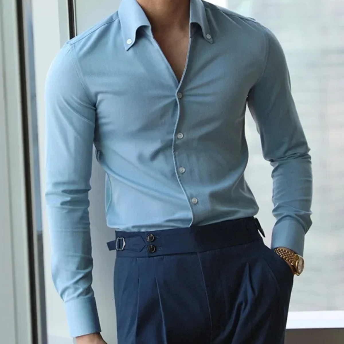 The Redfield Men’s Italian Collar Button Up Shirt  — Light Blue