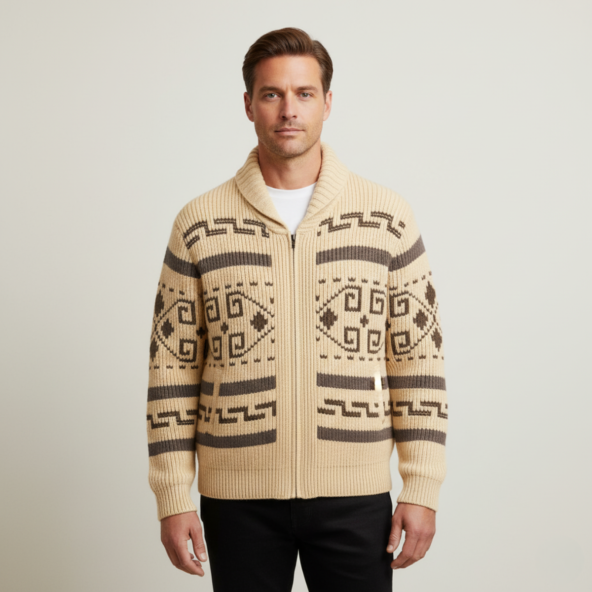 The Corvara Men’s Winter Shawl Collar Cardigan with Aztec Pattern