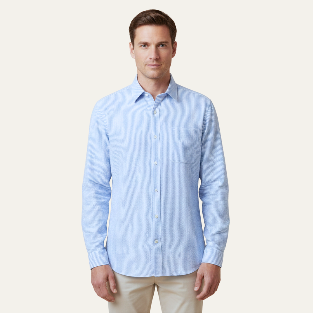 The Maplecrest Park Men’s Lightweight Blue Striped Linen Button Up Shirt