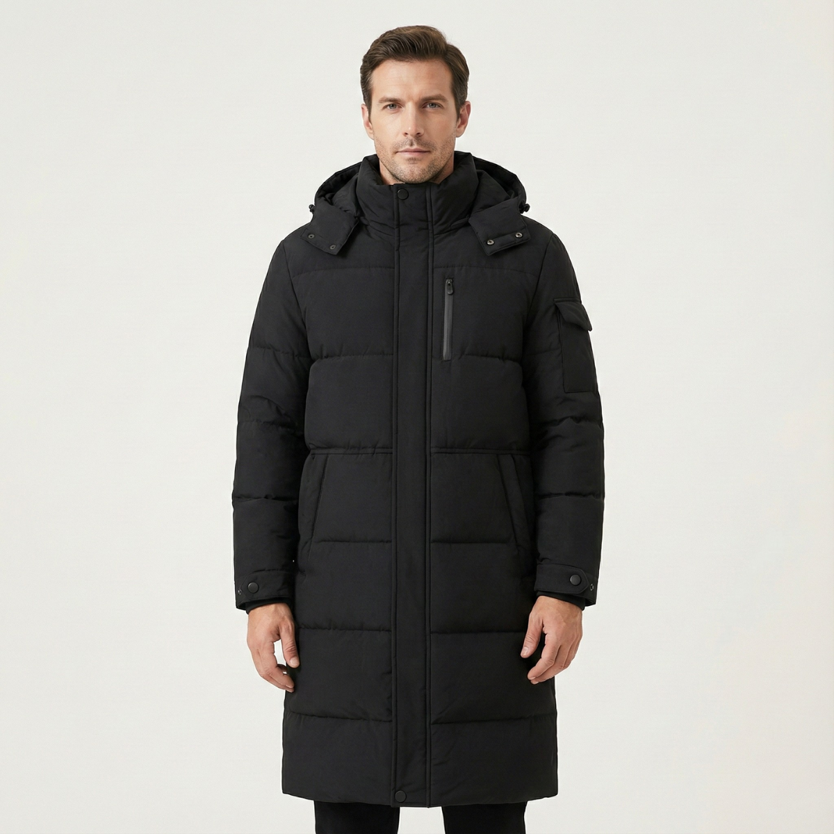 The Woking Men’s Thermal Longline Black Puffer Coat with Hood