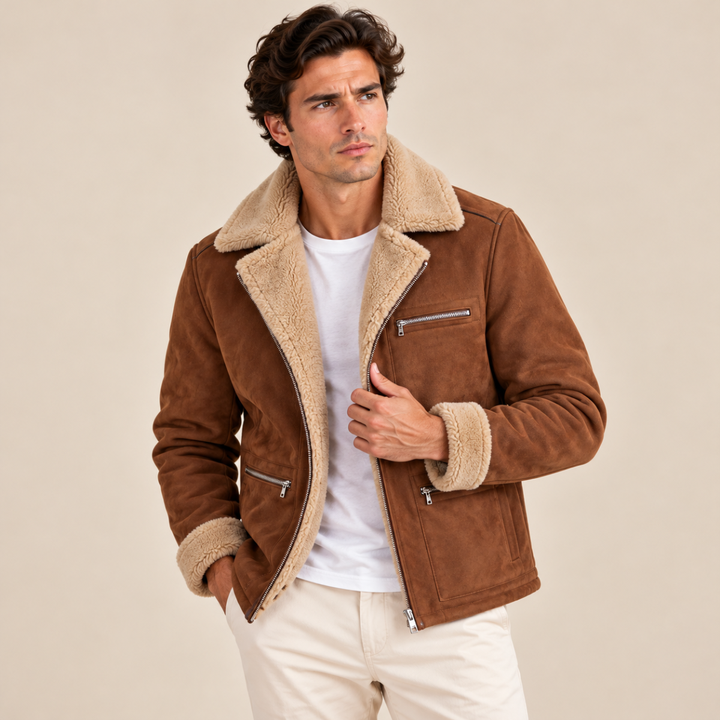 Men's Sherpa Lined Suede Jacket Brown