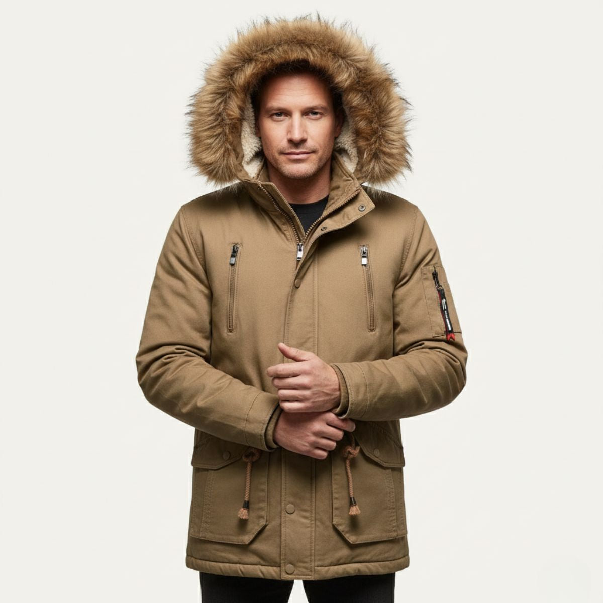 The Lipari Men's Long Down Hooded Jacket with Fur Collar