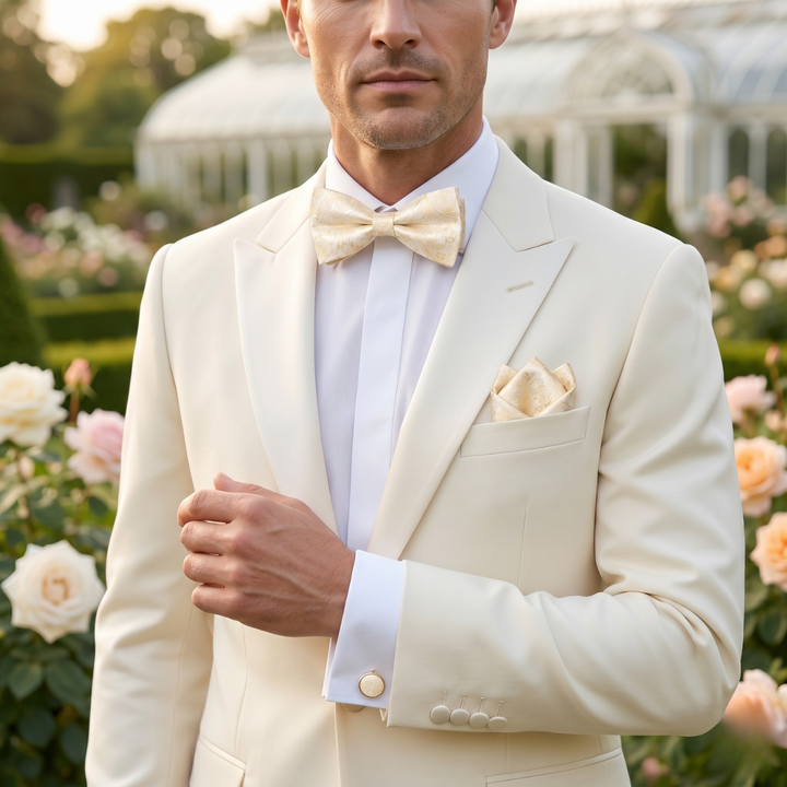 The Ashbury Men’s Bow Tie with Pocket Square & Cufflinks Set – Gold Paisley