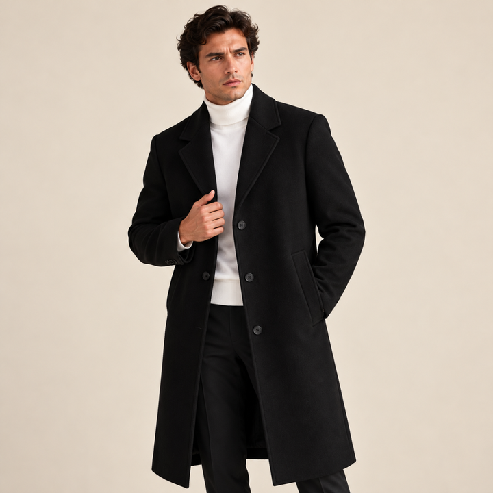 Men's Overcoat Black Wool Long Single Breasted