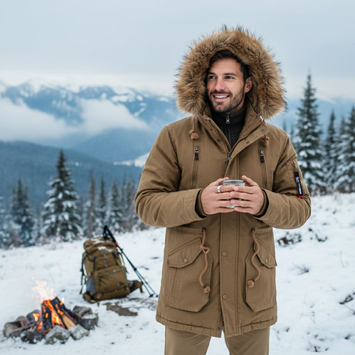 The Lipari Men's Long Down Hooded Jacket with Fur Collar