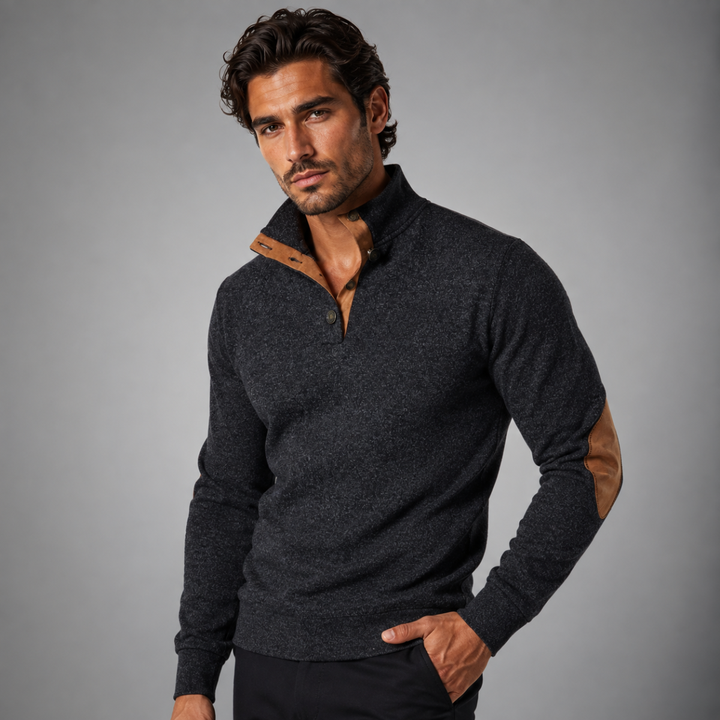 The Oakcrest Men's Stand Collar Fleece Sweater with Suede Elbow Patches