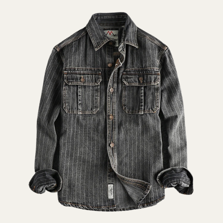 The Oakcrest Men’s Vintage Washed Vertical Stripe Denim Shirt Jacket – Dark Blue