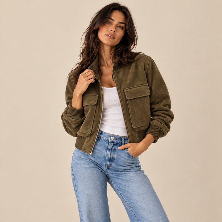 Women's Cropped Suede Bomber Jacket in Dark Brown