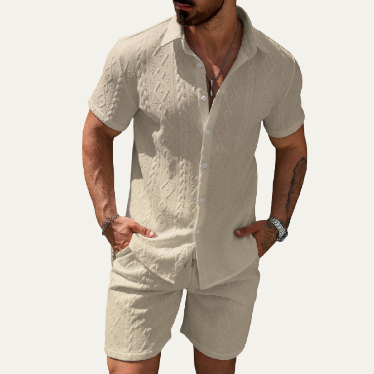 The Meadowridge Men’s Textured Summer Co Ord Set Shirt & Shorts