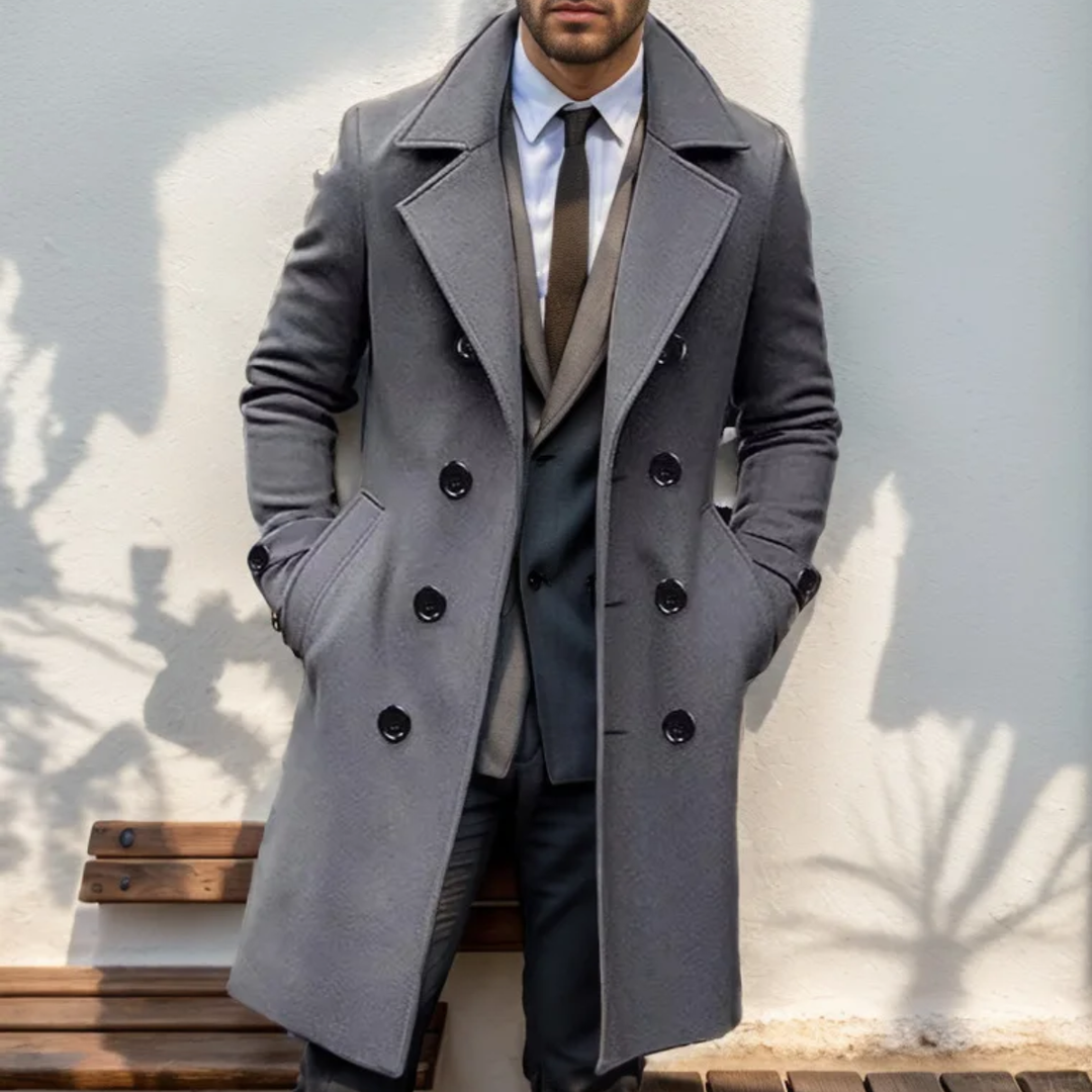 The Prescott Men’s Double Breasted Long Trench Coat – Wool Blend Overcoat