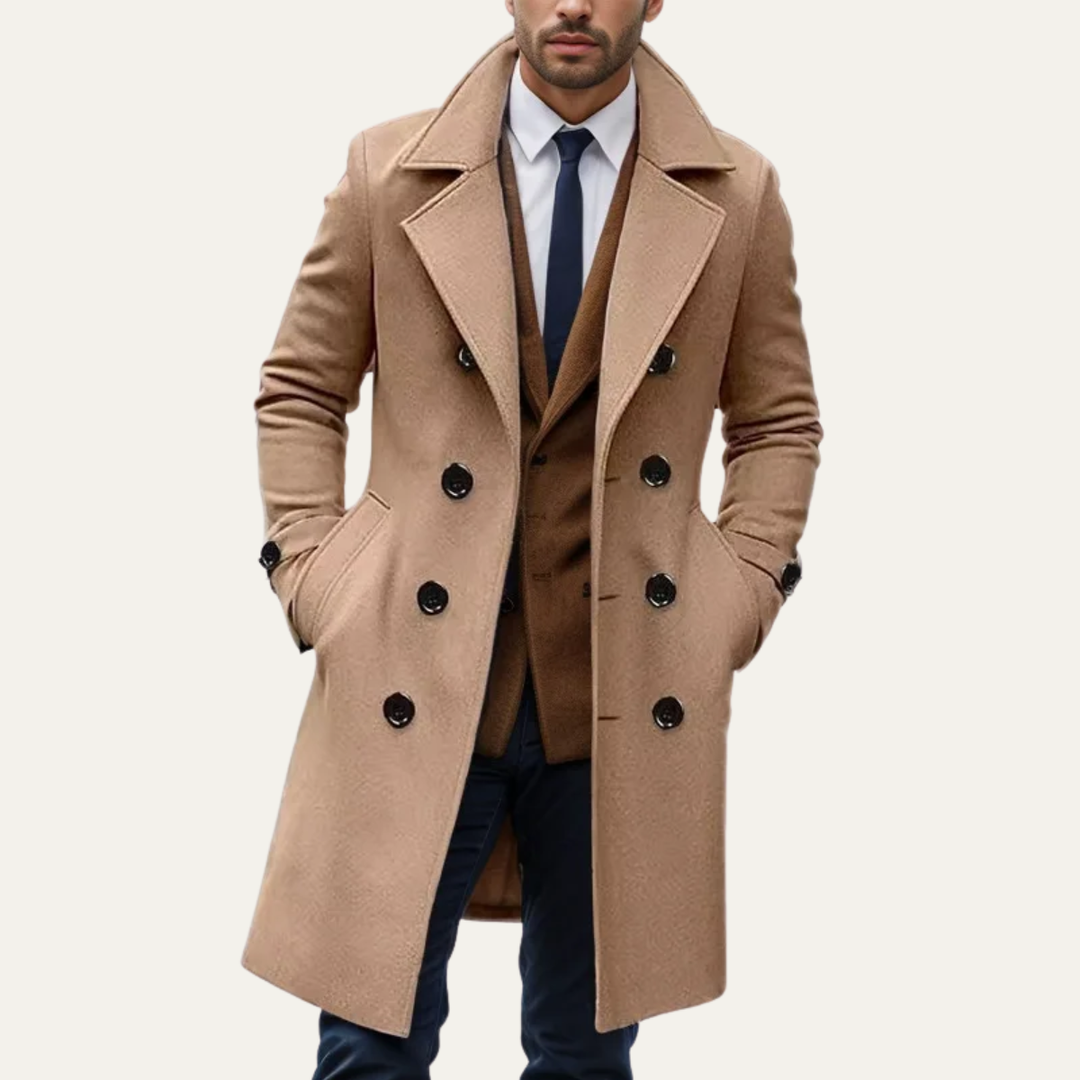The Prescott Men’s Double Breasted Long Trench Coat – Wool Blend Overcoat
