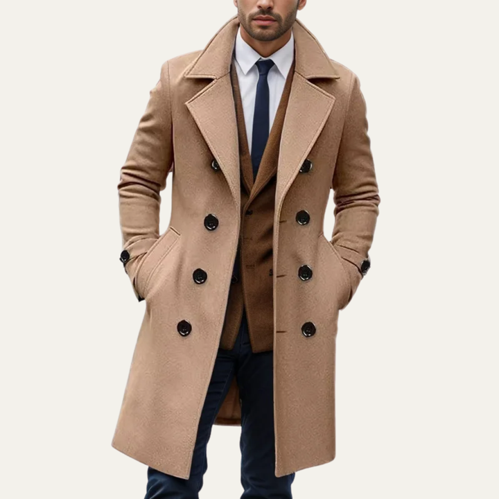 The Prescott Men’s Double Breasted Long Trench Coat – Wool Blend Overcoat