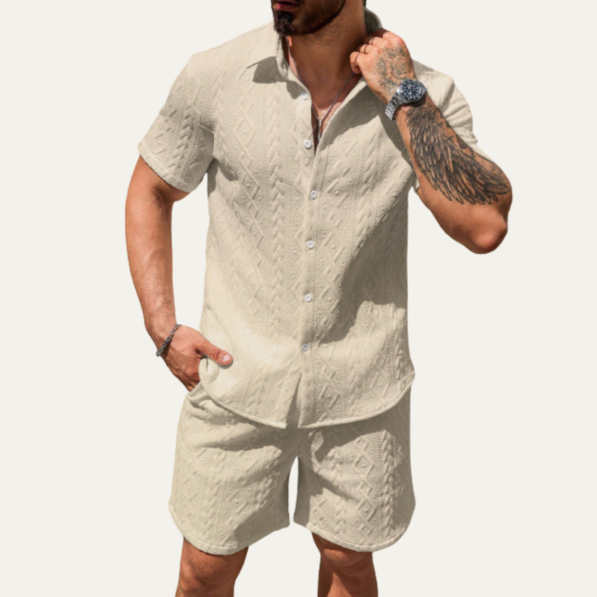 The Meadowridge Men’s Textured Summer Co Ord Set Shirt & Shorts