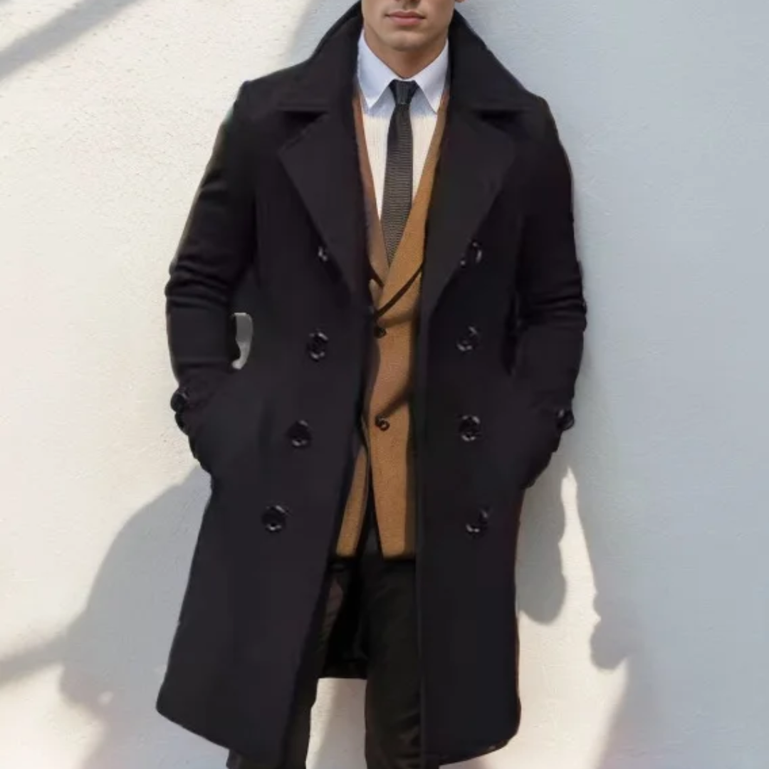 The Prescott Men’s Double Breasted Long Trench Coat – Wool Blend Overcoat